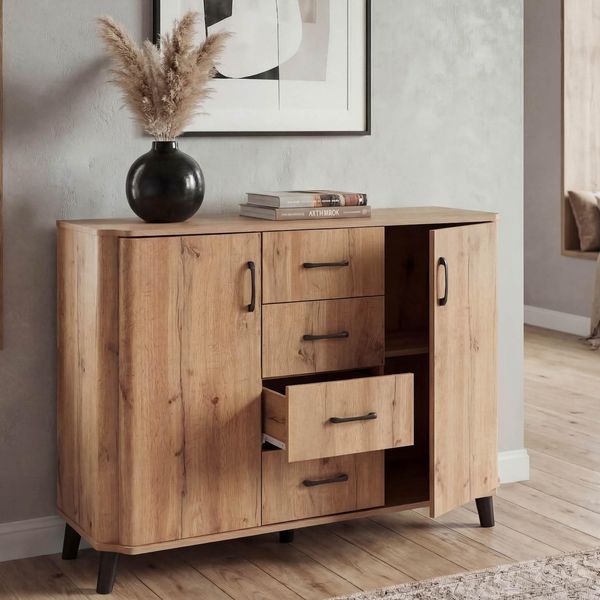 Kommode MCW-P42, Sideboard Schrank Anrichte, 4 Schubladen StaufäCher 2 TüRen, MDF 92X120X40Cm ~ Wotan-Eiche-Optik-image