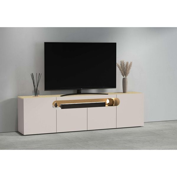 Lowboard Otto Home "Real,Lowboard,Tv-Kommode,Tv-MöBel,Tv-Bank", Eiche Chopin, Kaschmir, B:200Cm H:60Cm T:40Cm, Sideboards, Lowboard, Mit 4 TüRen, Davon 2 Abgerundet, Die Ein Ovales Offenes Fach Bilden-image