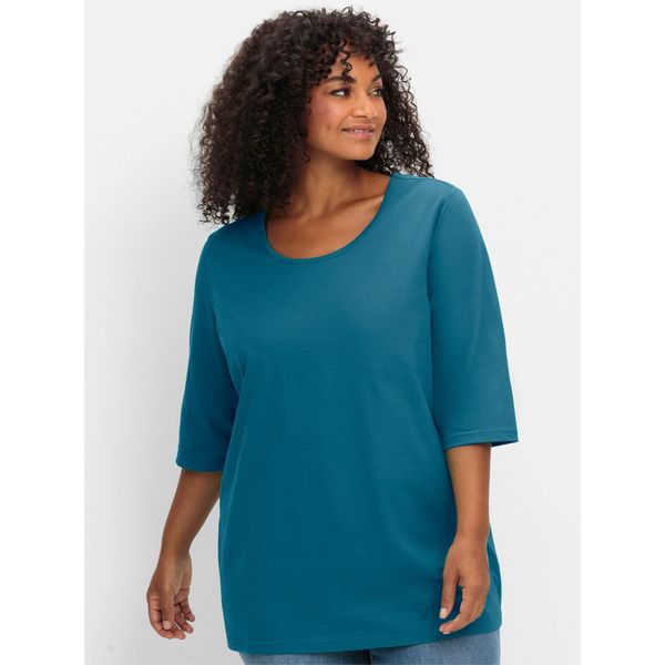 3/4-Arm-Shirt Sheego "3/4-Arm-Shirt", Damen, Gr. 52/54, Topas, 100% Baumwolle, Unifarben, Rundhals, Shirts 3/4-Arm-Shirt-image