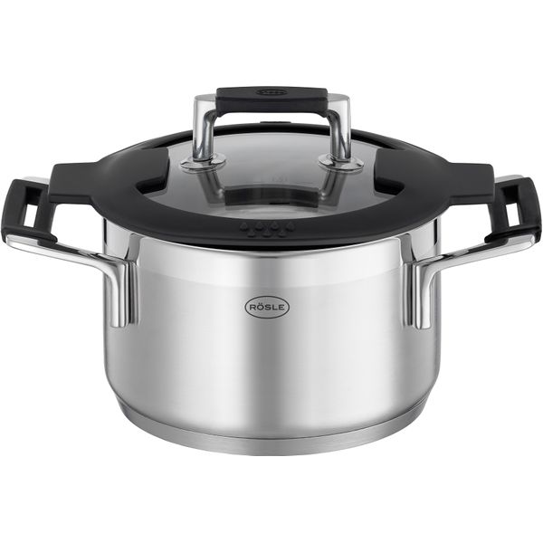 Kochtopf RÖSle "Silence Pro", Silber (Silberfarben, Schwarz), B:17Cm H:10,5Cm L:25,5Cm Ø:16Cm, TöPfe, Suppentopf Kochtopf, Innenskalierung Und SchüTtrand, SpüLmaschinen- Und Induktionsgeeignet-image