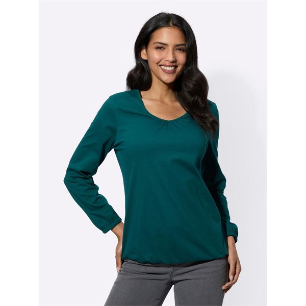 Langarmshirt Classic Basics "Langarm-Shirt", Damen, Gr. 46, Blau (Petrol), 100% Baumwolle, Unifarben, V-Ausschnitt, Shirts Langarmshirt-image