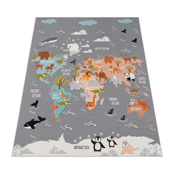 Kinderteppich Waschbar, Mit Tier‑Weltkarten‑Muster, Grau, 200 X 290 Cm-image