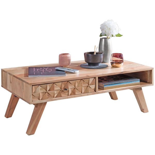 Couchtisch Landhausstil Massivholz Mit Schublade Und Ablagefach, MaßE 95X35X50 Cm-image