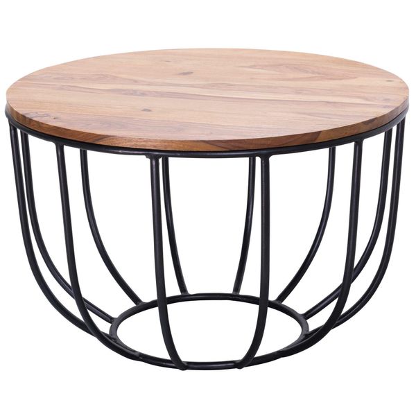 Couchtisch In Industrial-Stil, Sheesham Massivholz, Metallgestell, Korbdesign, Rustikal-image