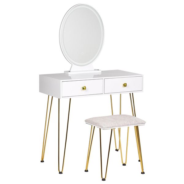 Schminktisch Mit Ovalem Led-Spiegel Hocker 2 Schubladen Weiß/Gold Caen-image