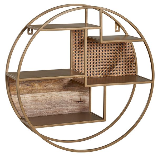 Wandregal Rattan Massivholz Metall Industrial Stil Mit 5 Ablagen-image