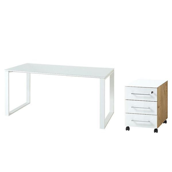SCHREIBTISCH-SET Muenchen 160X80 Cm | Glasplatte & Container | Chalet-Eiche-Nb./Weiß-image