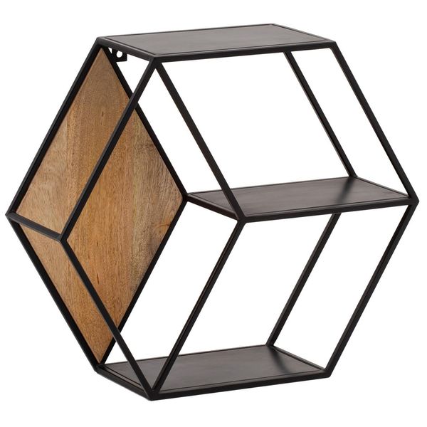 Wandregal Mango Massivholz Metall Industrial Stil 60X52X20 Cm Sechseckig Mit 3 Ablagen-image