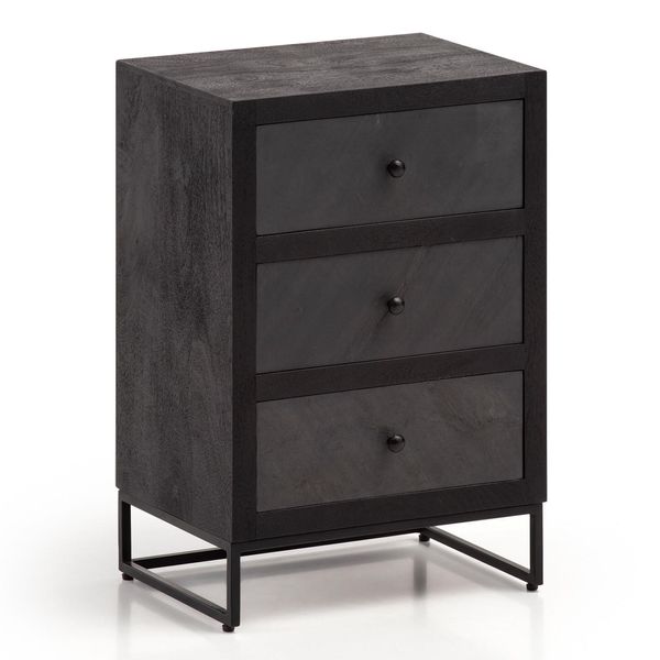 Nachttisch Massivholz Steinoptik 3 Schubladen Metallgestell, Schwarz 40X30X60 Cm-image