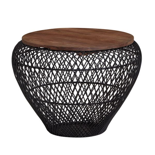 Couchtisch Rund Mit Stauraum, Holz-Metallgestell, Mango-Massivholz, Schwarz 60X60X45 Cm-image