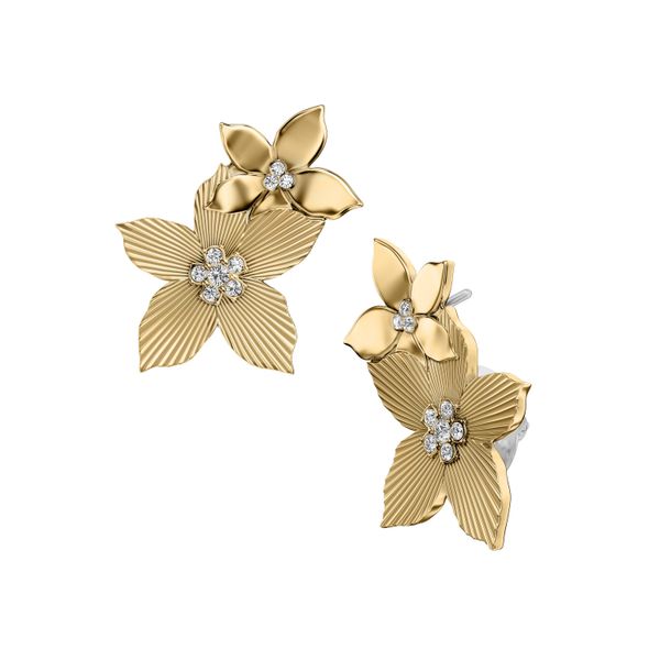 Paar Ohrstecker Fossil "Schmuck Geschenk Edelstahl Ohrringe Blume Sutton", Gelbgoldfarben, Edelstahlfarben, Kristallweiß, Kristallweiß, Ohrringe, Damen, Edelstahl, Mit Glasstein-image