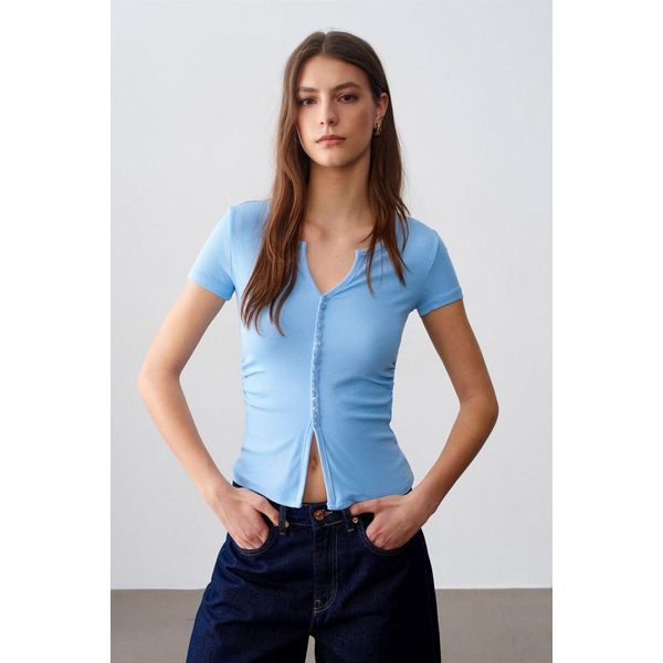 Slim Fit V-Ausschnitt KnöPfen Bluse-image