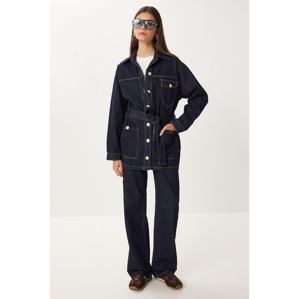 Jeansjacke Mit GüRtel Und Weit Geschnittene Hose Im Zweiteiler-Set-image