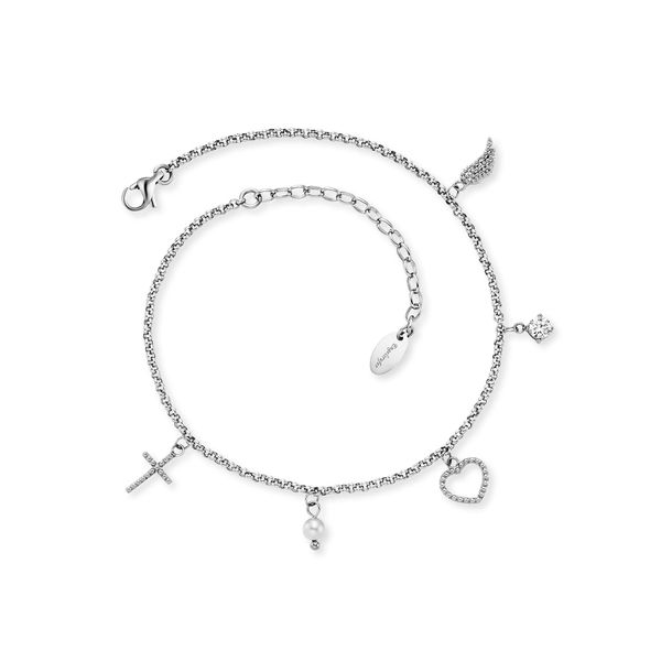 FußKette Engelsrufer "Glaube Liebe Hoffnung", Weiß (Edelstahlfarben, Kristallweiß, Weiß, Kristallweiß), FußKetten, Damen, Edelstahl Perlen, Edelstahl, Perlen, Made In Germany - Mit Zirkonia (Synth.) - Mit SüßWasserzuchtperle-image