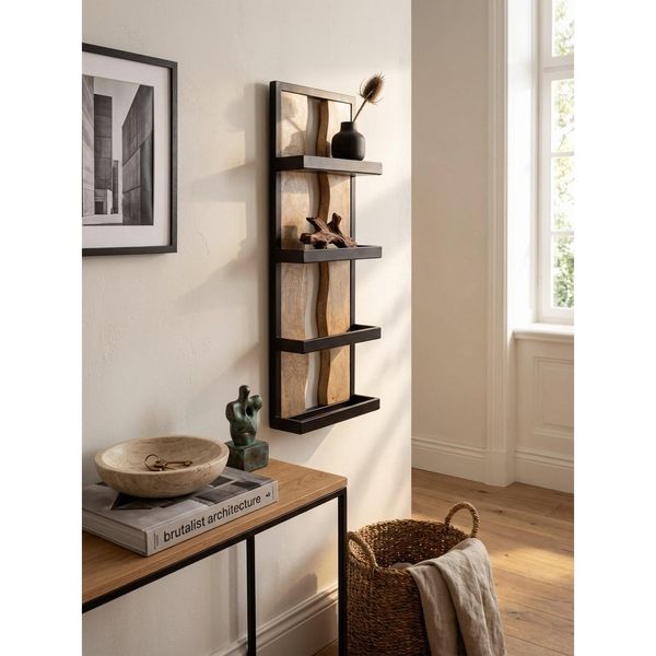 Wandregal Mango Massivholz Metall Industrial Stil 30X80X10 Cm Rechteckig Mit 4 Ablagen Und Wellenmuster-image