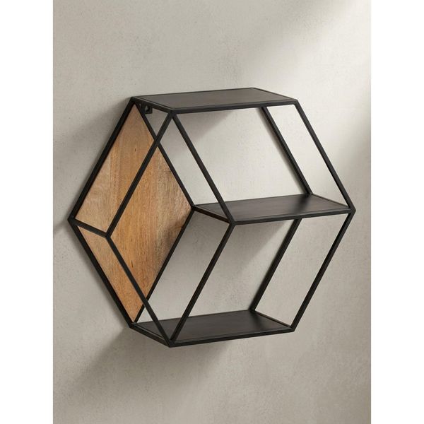 Wandregal Mango Massivholz Metall Industrial Stil 60X52X20 Cm Sechseckig Mit 3 Ablagen-image