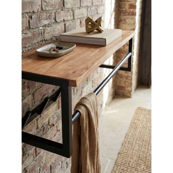 Wandgarderobe Akazie Massivholz Metall Modern 80X22X33 Cm Mit Ablage Und Kleiderstange-image
