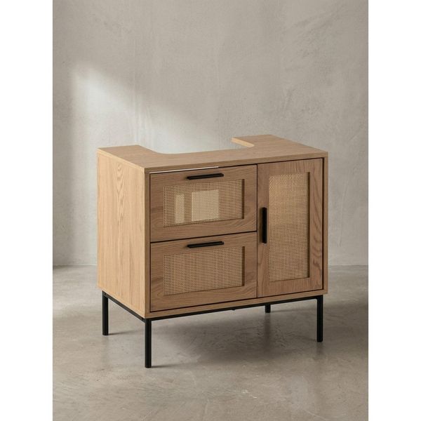 Waschbeckenunterschrank Eiche-Optik 60X60X40 Cm Mit TüR, Schubladen Und Rattangeflecht-image