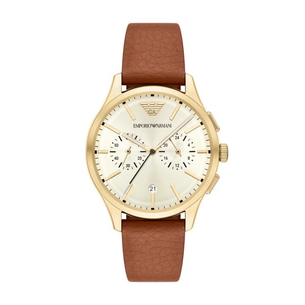 Chronograph Emporio Armani, Cognac, Goldfarben, Armbanduhren, Herren, Chronograph, Quarzuhr, Armbanduhr, Herrenuhr, Lederarmband, Analog, Tag-image