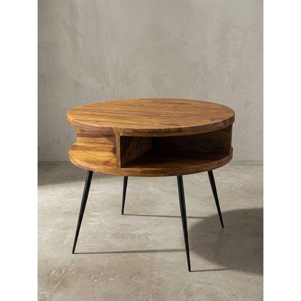 Couchtisch Sheesham Massivholz Metall, Ablagefunktion, 60X45X60 Cm, Braun Rund-image