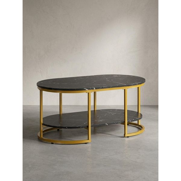 Couchtisch Mit Marmor Optik, Rechteckig, Ablage, Goldenes Metallgestell, Schwarz 100X60X45 Cm-image
