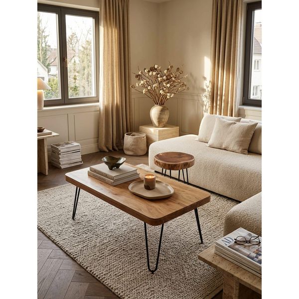 Couchtisch Bagli Aus Massivholz Mit Design Metallbeinen Im Landhaus-Stil, Akazie 60X115X40 Cm-image