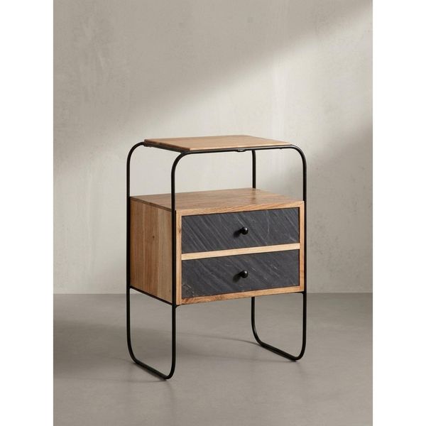 Nachttisch Massivholz Steinoptik 2 Schubladen Ablage Metallgestell, Akazie 40X30X60 Cm-image