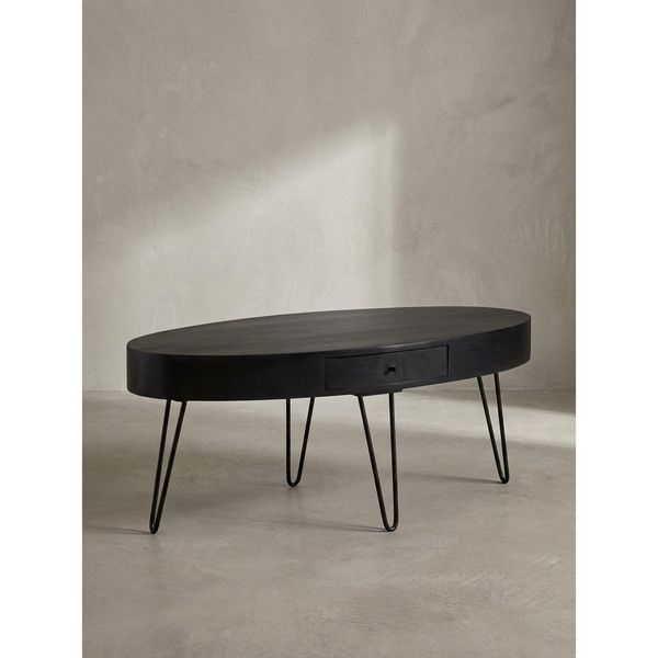 Couchtisch In Mango-Massivholz Und Metall, 100X50X40 Cm, Oval, Mit Schublade, Stauraum Und Haarnadelbeinen-image