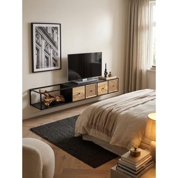 Lowboard HäNgend Mango Massivholz Metall Modern Stil 150X25X35 Cm Schwarz Mit Wiener Geflecht-image