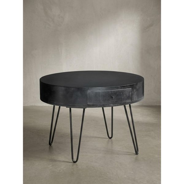 Couchtisch Rund Mango Massivholz Metall, 60X60X43 Cm, Mit Schublade, Stauraum Und Haarnadelbeinen-image