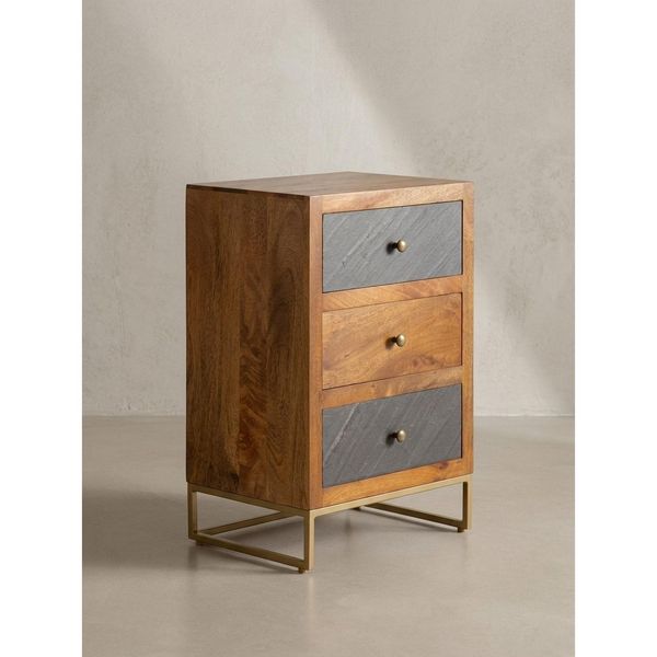 Nachttisch Massivholz Steinoptik 3 Schubladen Metallgestell, Braun 40X30X60 Cm-image