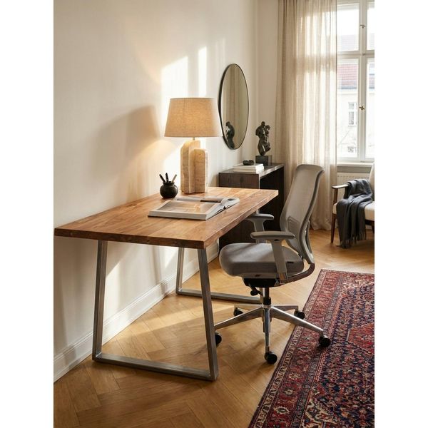 Schreibtisch Massivholz Baumkante Mit Trapezgestell, Akazie 160X80X76 Cm-image