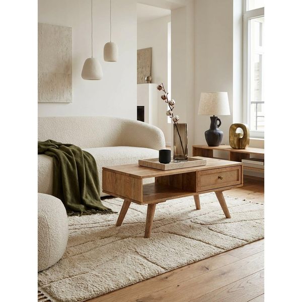 Couchtisch In Naturfarben Aus Mango Massivholz Und Rattan, 90X40X45Cm Mit Stauraum Und Schublade-image