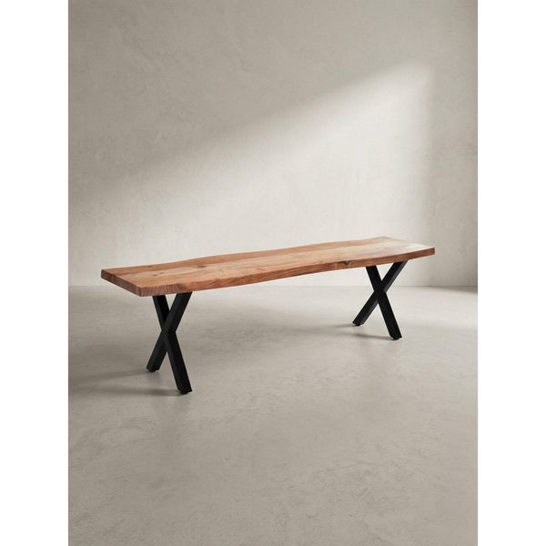 Esszimmerbank Massivholz Metall Baumkante X-Beine, Akazie 120X40X46 Cm-image