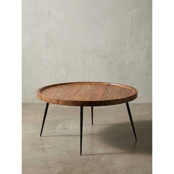 Couchtisch Sheesham Massivholz Rund 75X39X75 Cm, Retro Braun Metall Kaffeetisch-image
