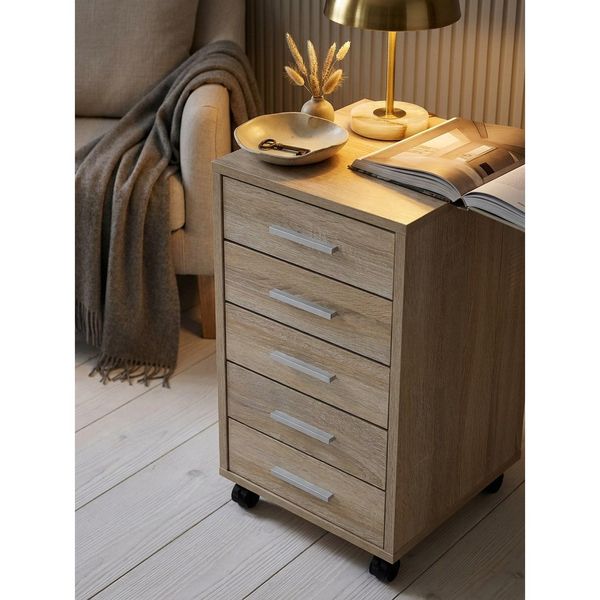 Rollcontainer Holz 5 Schubladen Schmal Mit Rollen, Sonoma 33X38X63 Cm-image