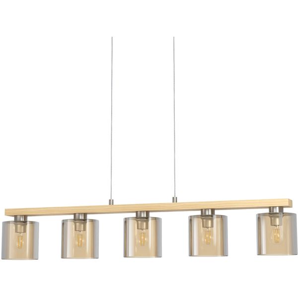 Eglo HäNgeleuchte "Castralvo Pendellampe, Stahl, Holz Und Glas, E27, IP20, Esszimmerlampe", Braun (Nickelfarben, Amber), 5, H: 110Cm, 1 Stk., Leuchten, HäNgelampe FüR Esszimmer, KüChe Oder Wohnzimmer, HäNgeleuchte-image