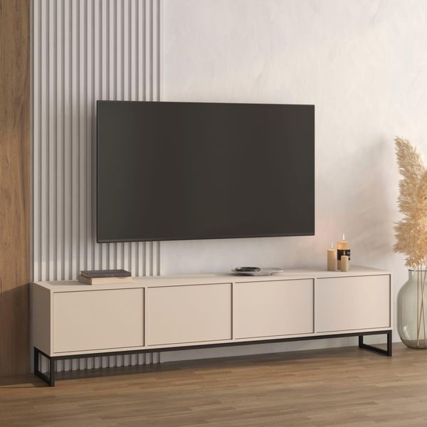 Lowboard Otto Home "Loft, Breite 208,5 Cm, Tv-Board Mit 4 Klappen, Metallkufen", Kaschmir, B:208,5Cm H:50,2Cm T:36,5Cm, Holzwerkstoff, Melamin, Metall, Sideboards, Lowboard, Tv-Kommode Mit Viel Stauraum, Push-To-Open-Funktion-image
