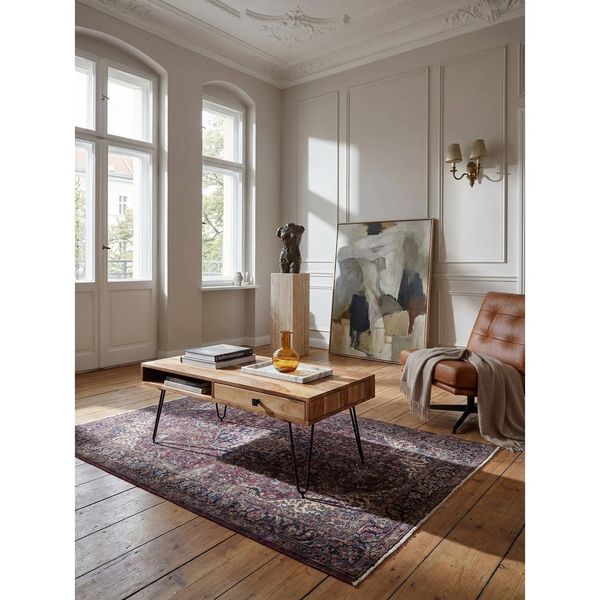 Couchtisch Massivholz Mit Metallbeinen Im Landhausstil, Akazie 60X110X40 Cm-image