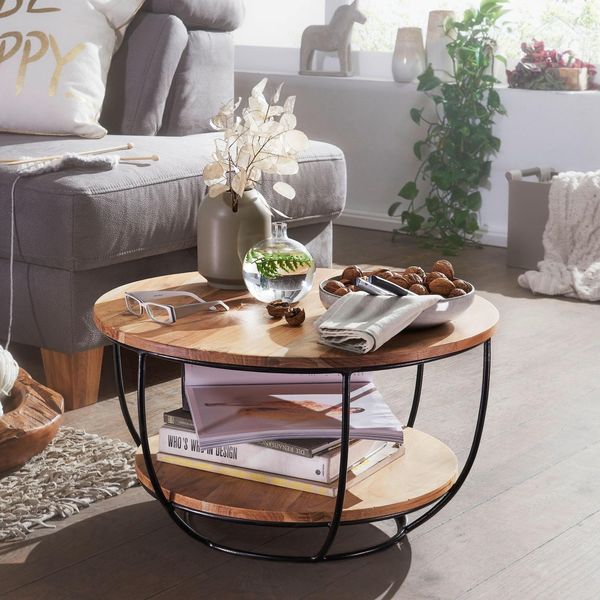 Finebuy Couchtisch Akazie Massivholz Rund 60Cm Wohnzimmertisch Ablage Industrial-image