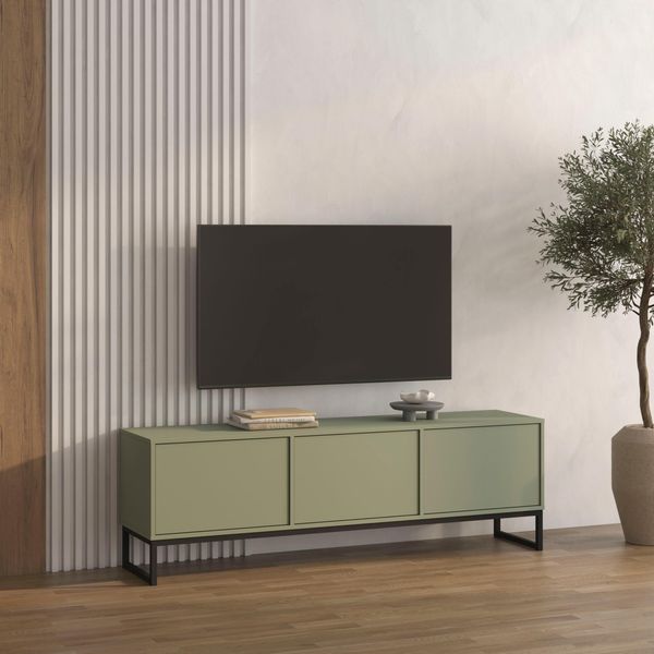 Lowboard Otto Home "Loft, Breite 157 Cm, Tv-Board 3 Klappen, Metallkufen", GrüN (Salbei), B:156,8Cm H:50,2Cm T:36,5Cm, Holzwerkstoff, Melamin, Metall, Sideboards, Lowboard, Tv-Kommode Mit Viel Stauraum, Push-To-Open-Funktion-image