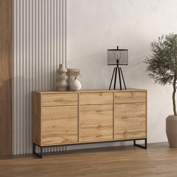 Sideboard Otto Home "Loft, Breite 157 Cm, Grifflose Kommode 3 TüRen/3 SchubkäSten.", Wotan Eiche, B:156,8Cm H:83,5Cm T:36,5Cm, Holzwerkstoff, Melamin, Metall, Sideboards, Sideboard, Schubladenschrank Mit Viel Stauraum, EinlegeböDen Verstellbar-image