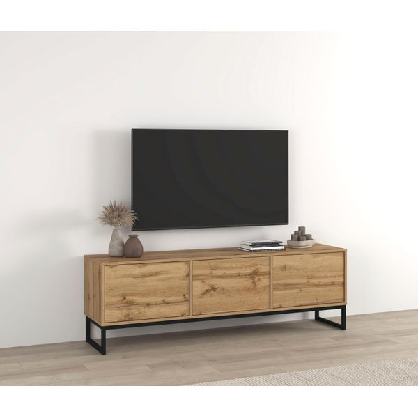 Lowboard Otto Home "Loft, Breite 157 Cm, Tv-Board 3 Klappen, Metallkufen", Braun (Wotan Eiche), B:156,8Cm H:50,2Cm T:36,5Cm, Holzwerkstoff, Melamin, Metall, Sideboards, Lowboard, Tv-Kommode Mit Viel Stauraum, Push-To-Open-Funktion-image