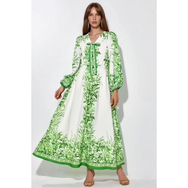 Bedrucktes V-Ausschnitt-Maxi-Kleid Mit Bindeschleife-image