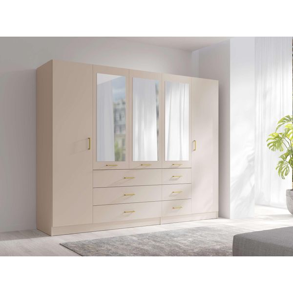 Kleiderschrank Home Affaire "Kos Garderobe Mit 6 Schubladen, Kleiderstange, 5 EinlegeböDen, Spiegel", Beige, B:250Cm H:200,5Cm T:58Cm, Melamin, SchräNke, Kleiderschrank, Kleiderschrank Mit 5 TüRen, Goldenen Griffen, MaßE B/H/T 250/200/58 Cm-image