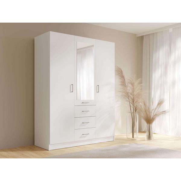 Kleiderschrank Home Affaire "Kos Garderobe Mit 3 Schubladen, Kleiderstange, 4 EinlegeböDen, Spiegel", Weiß, B:150,5Cm H:200,5Cm T:58Cm, Melamin, SchräNke, Kleiderschrank, WäScheschrank Mit 3 DrehtüRen, Silber Griffen, MaßE B/H/T 150/200/58Cm-image