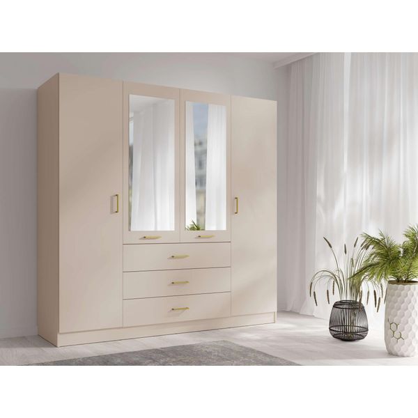 Kleiderschrank Home Affaire "Kos Garderobe Mit 3 Schubladen, Kleiderstange, 8 EinlegeböDen, Spiegel", Beige, B:200Cm H:200,5Cm T:58Cm, Melamin, SchräNke, Kleiderschrank, Kleiderschrank Mit 4 TüRen, Goldenen Griffen, MaßE B/H/T 200/200/58 Cm-image