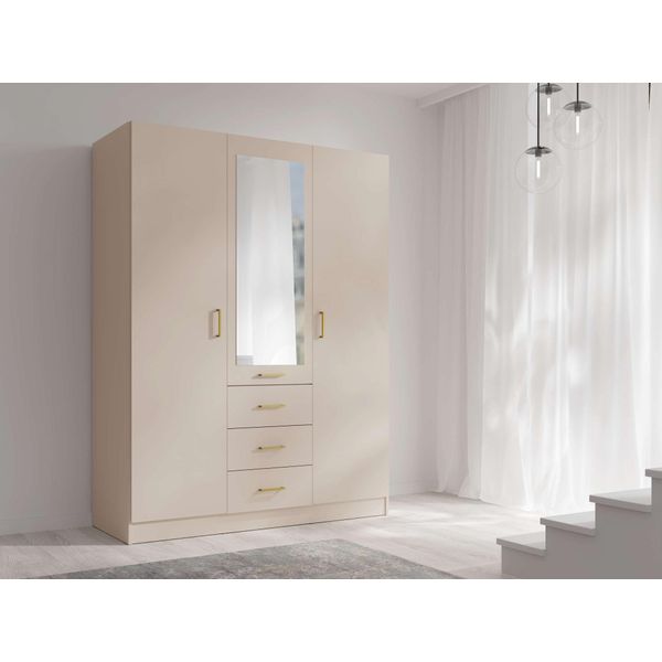 Kleiderschrank Home Affaire "Kos Garderobe Mit 3 Schubladen, Kleiderstange, 4 EinlegeböDen, Spiegel", Beige, B:150,5Cm H:200,5Cm T:58Cm, Melamin, SchräNke, Kleiderschrank, Kleiderschrank Mit 3 TüRen, Goldenen Griffen, MaßE B/H/T 150/200/58 Cm-image