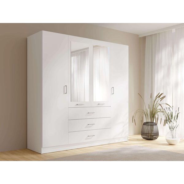Kleiderschrank Home Affaire "Kos Garderobe Mit 3 Schubladen, Kleiderstange, 8 EinlegeböDen, Spiegel", Weiß, B:200Cm H:200,5Cm T:58Cm, Melamin, SchräNke, Kleiderschrank, WäScheschrank Mit 4 DrehtüRen, Silber Griffen, MaßE B/H/T 200/200/58Cm-image