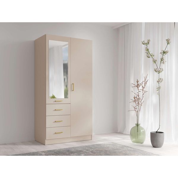 Kleiderschrank Home Affaire "Kos Garderobe Mit 3 Schubladen, Kleiderstange Und Spiegel", Beige, B:101Cm H:200,5Cm T:58Cm, Melamin, SchräNke, Kleiderschrank, Kleiderschrank Mit 2 TüRen, Goldenen Griffen, MaßE B/H/T 101/200/58 Cm-image